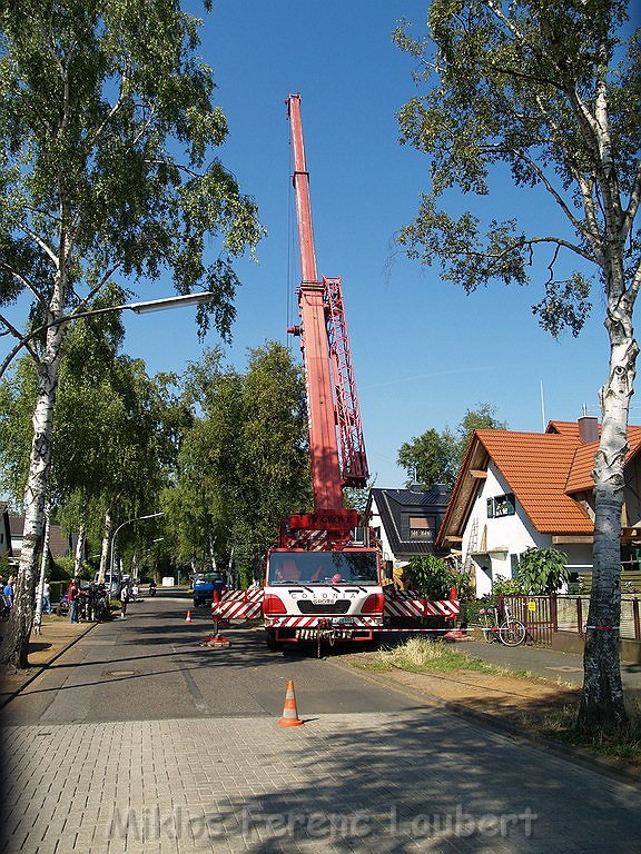 Baukran zwischen zwei Haeuser gestuerzt Koeln Vogelsang Sperberweg P946.JPG